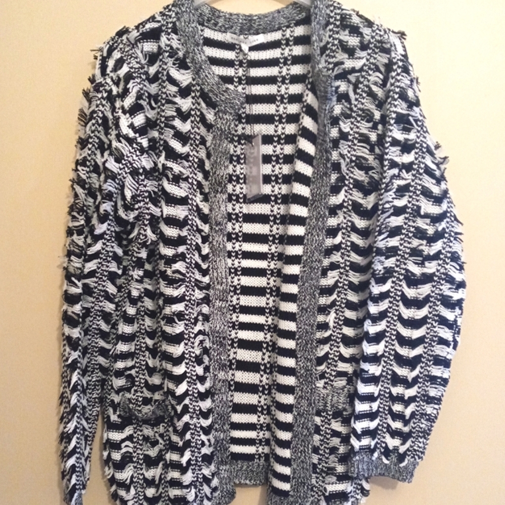 Endless Rose Open Face Black & White Striped Fringe Sweater
